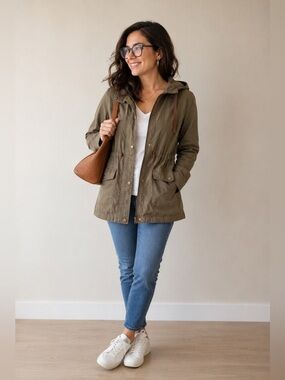 Love Tree Olive Utility Jacket Hooded Anorak Cargo Pockets Drawstring Waist L